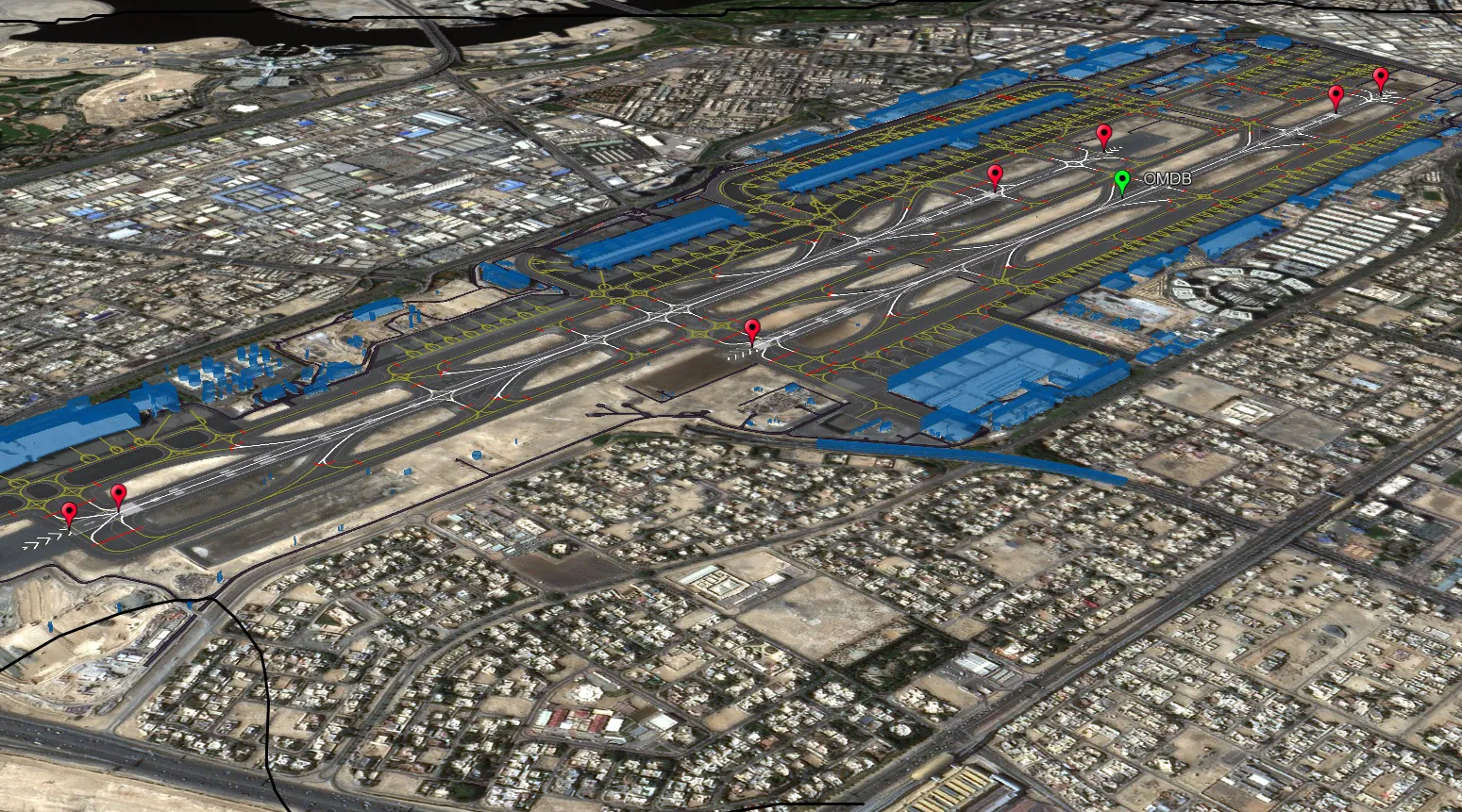 A 3D airport render with marked hotspots, visualising runway-incursion risk points across the airfield