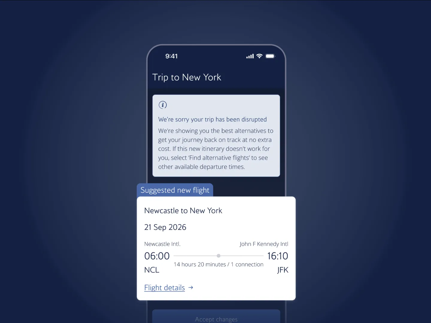 A disruption screen offering a rebooked alternative flight, the proactive support a companion product gives