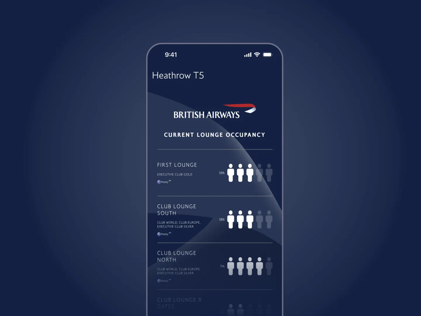 An app screen showing live lounge occupancy at Heathrow T5, a small convincing piece of the companion vision