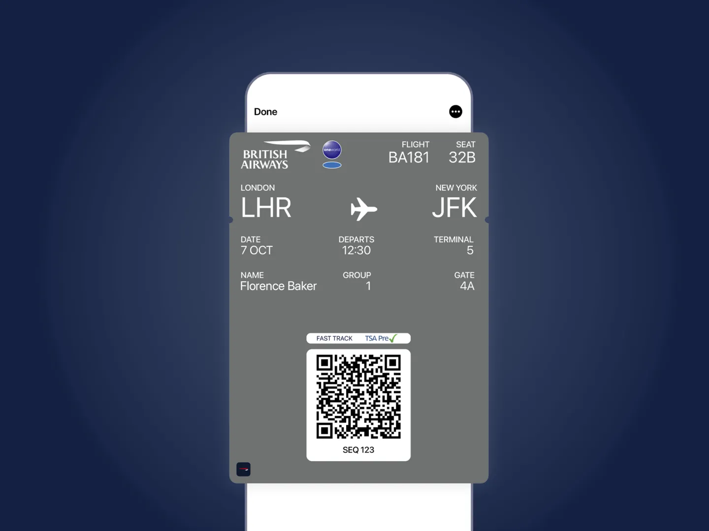 A digital boarding pass for a London to New York flight, one of the shipped first-release enhancements