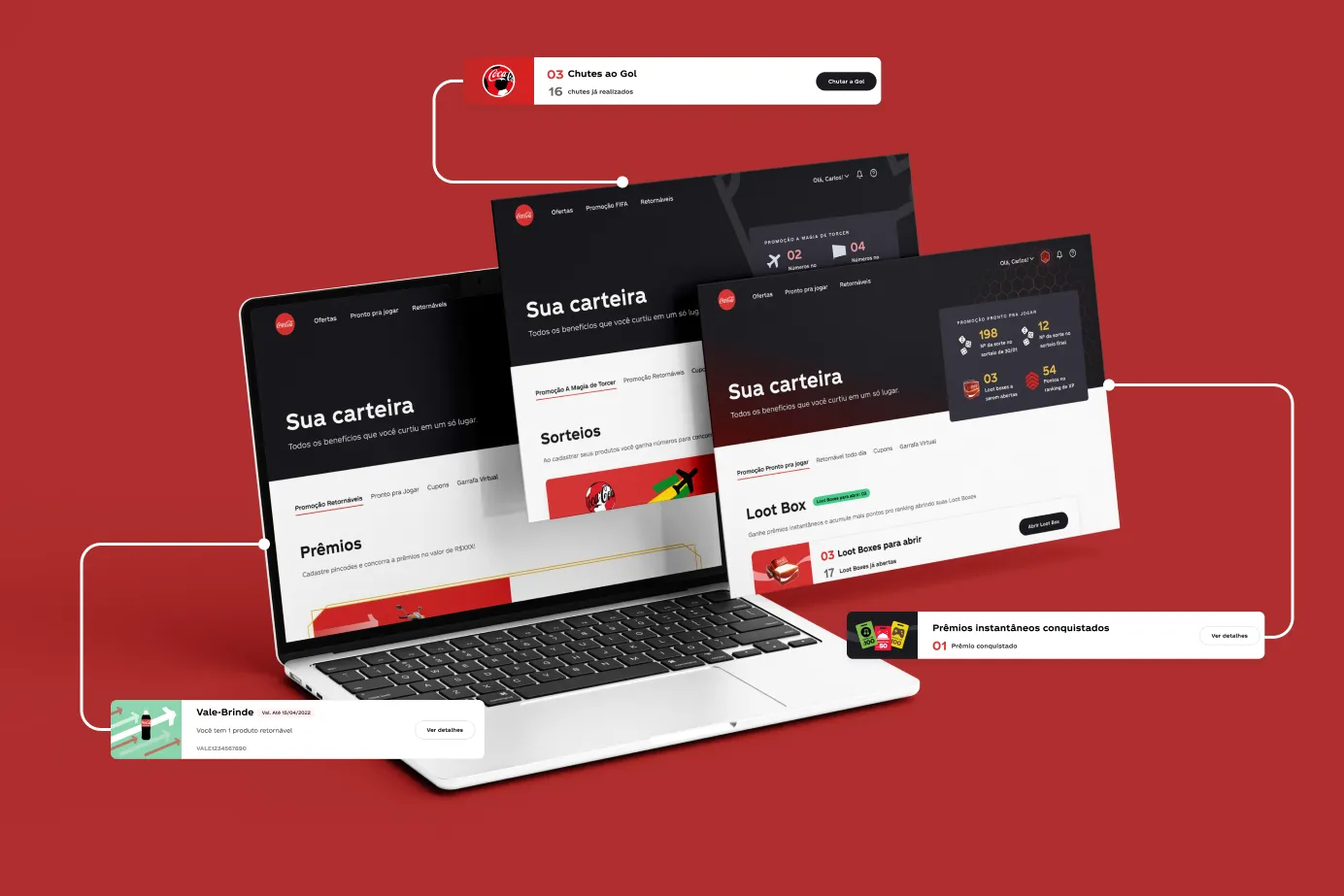 The promotion platform on a laptop with floating UI cards, the prize wallet where players collect and reveal