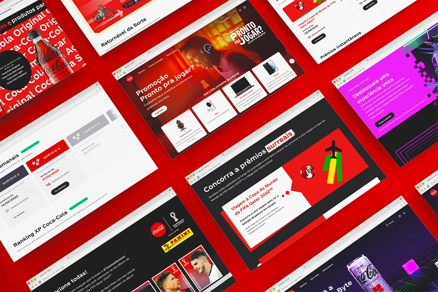 Many campaign pages on one red board, the modular system reused across different themes and prizes