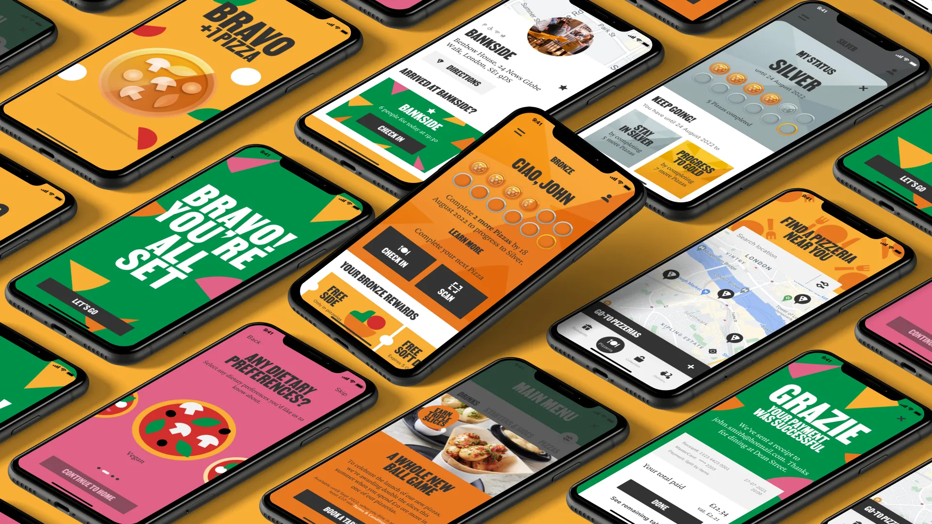 Visuals from the PizzaExpress new loyalty app