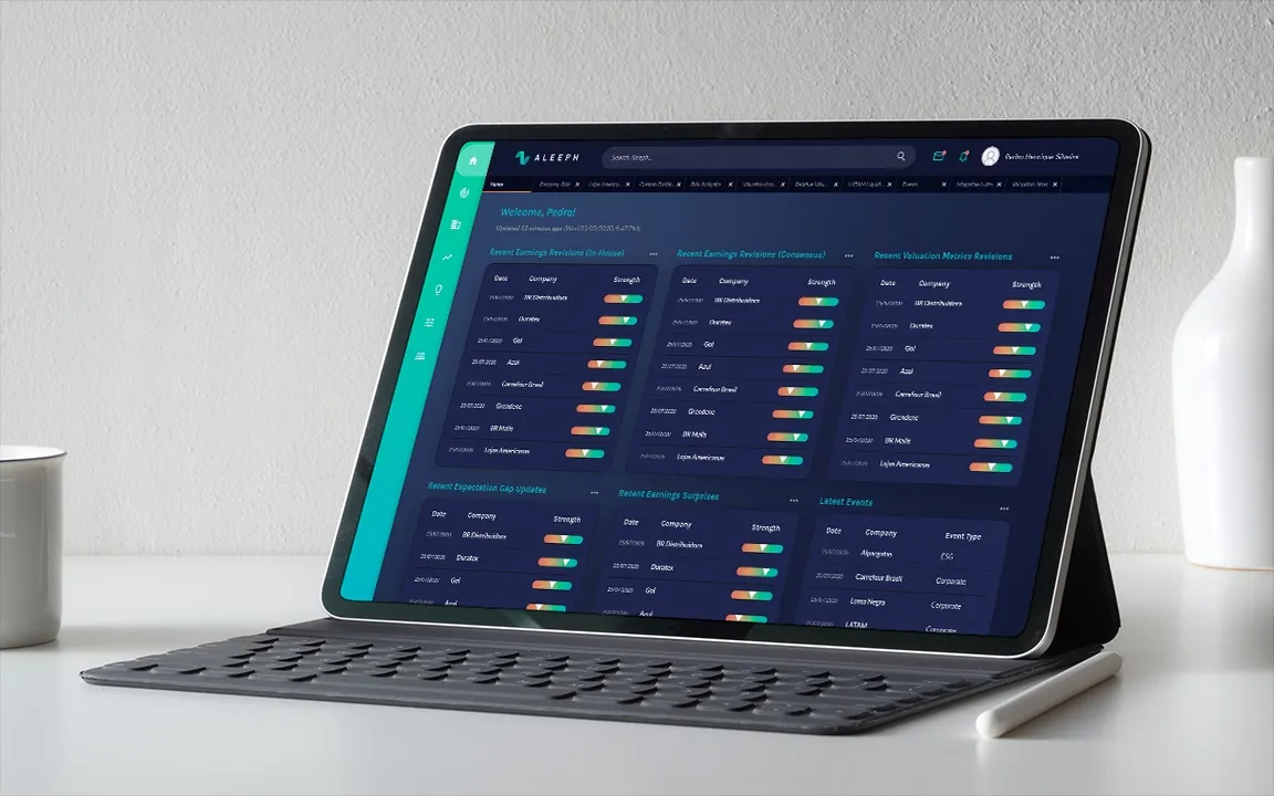 The Aleeph investment research dashboard on a tablet