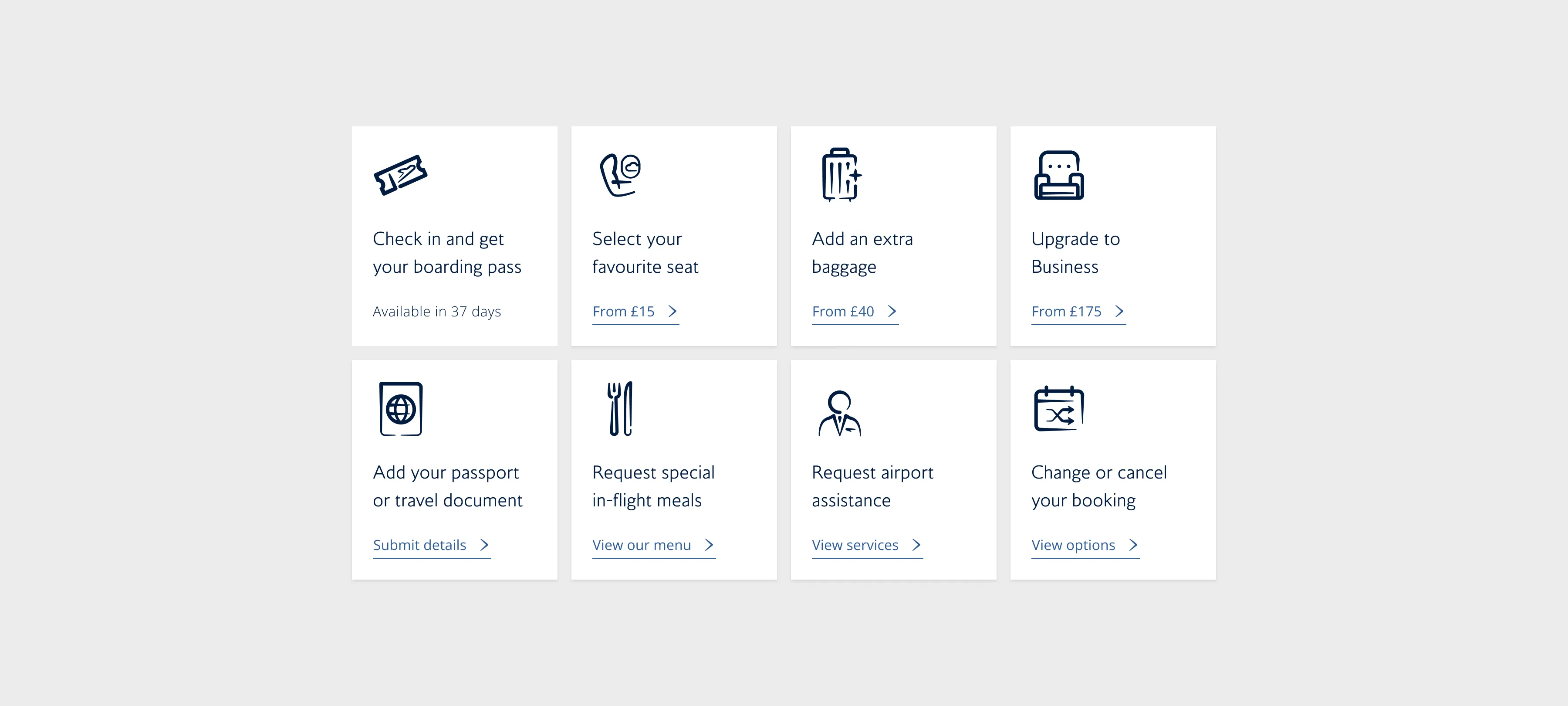 The finished service tile grid, each booking action a consistent card with a clear label and link