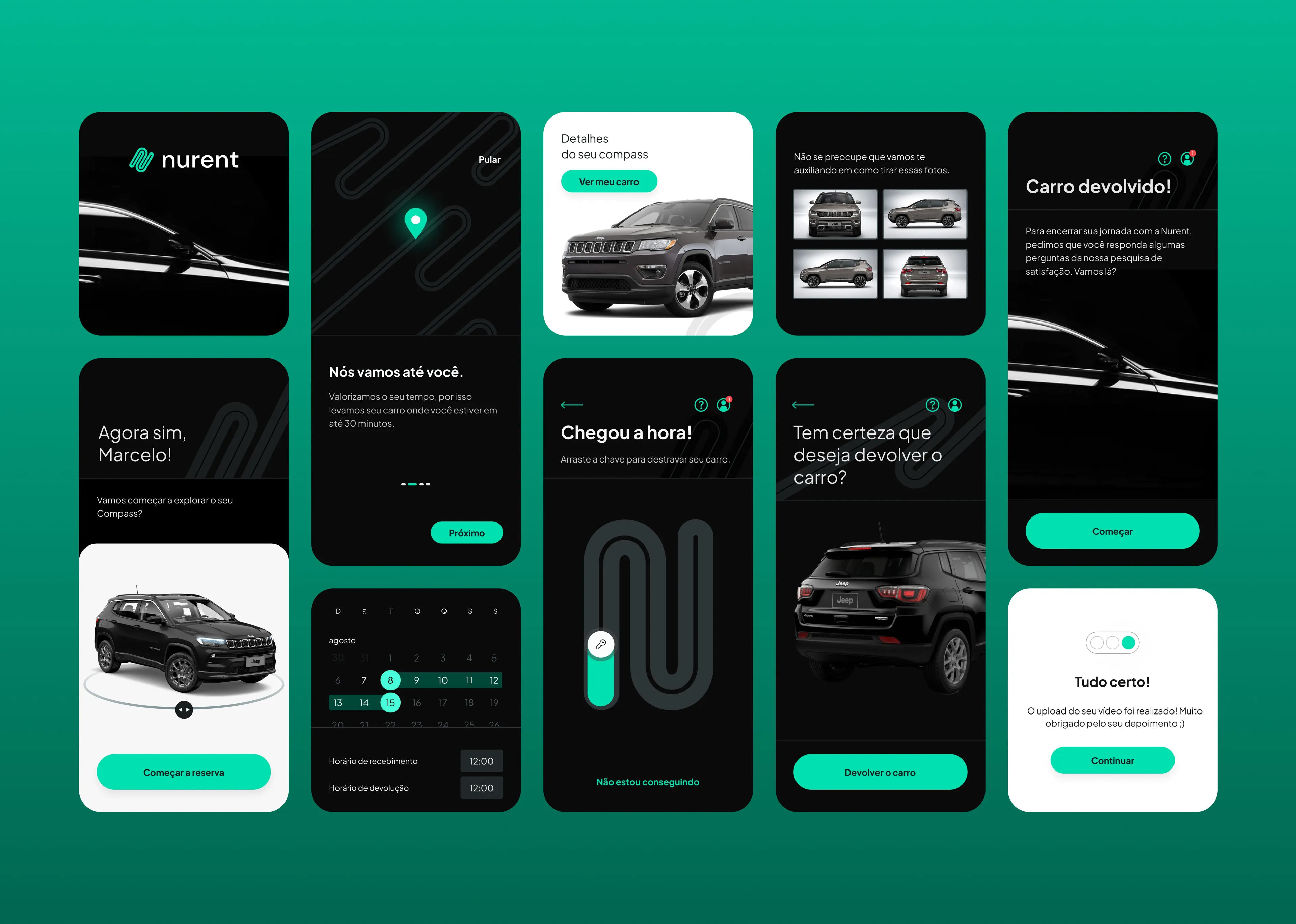 The end-to-end Nurent flow in app screens, from welcome and booking through unlocking the car to its return