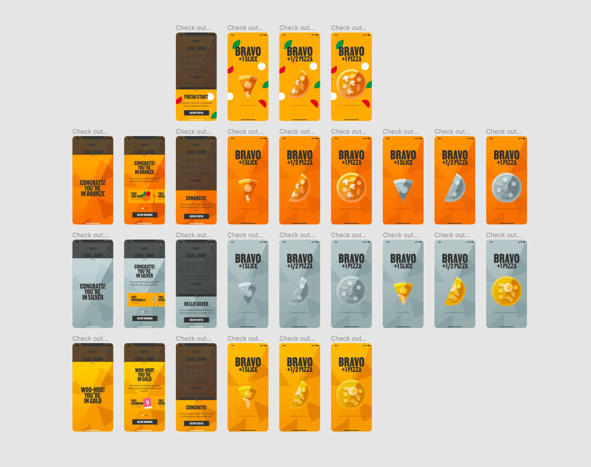 Reward-unlock screens across the tiers, each Bravo confirming a slice or whole pizza earned