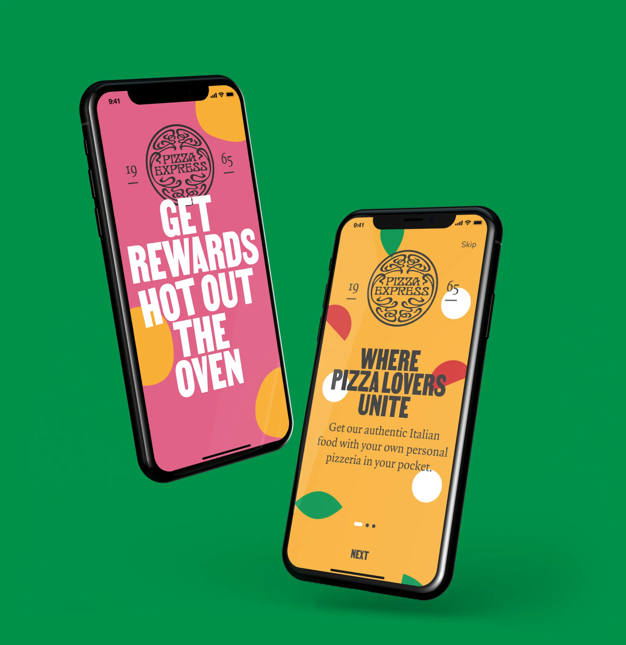 Two app onboarding screens introducing the loyalty scheme as a personal pizzeria in your pocket